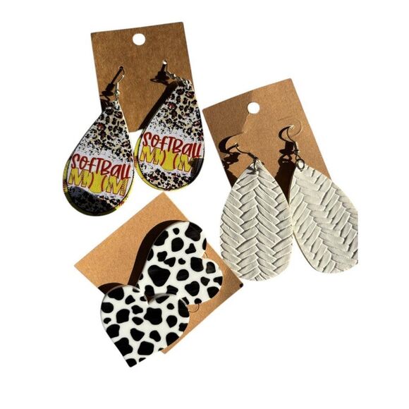 Set Of 3 Pairs Softball Mom Braided White & Cow Print Heart Earrings - Picture 1 of 8
